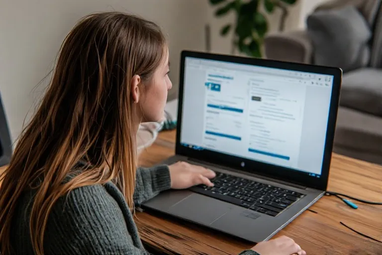 Woman working on a laptop at home