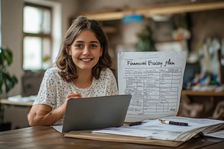 Young person smiling at a laptop next to a financial plan