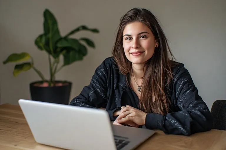 Woman smiling at a laptop at a table