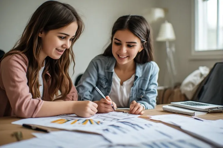 Two young women working through financial charts