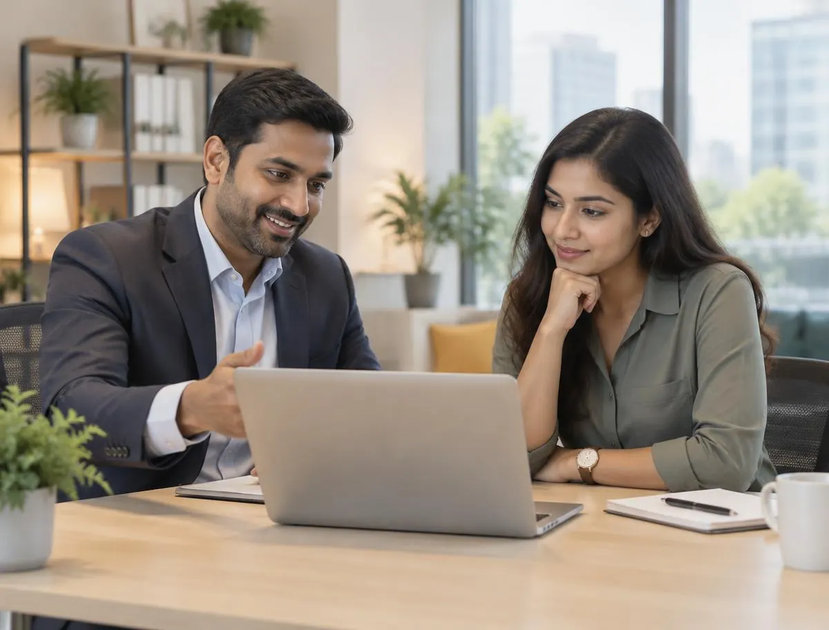 Illustration of a loan advisor explaining details on a laptop to a salaried professional
