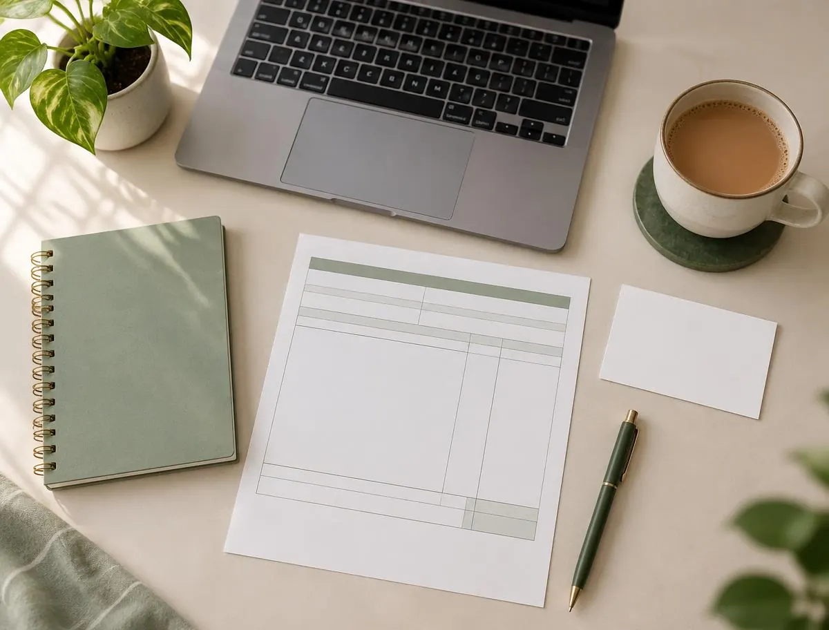 Illustrative flat lay of a laptop, notebook and blank paperwork on a desk