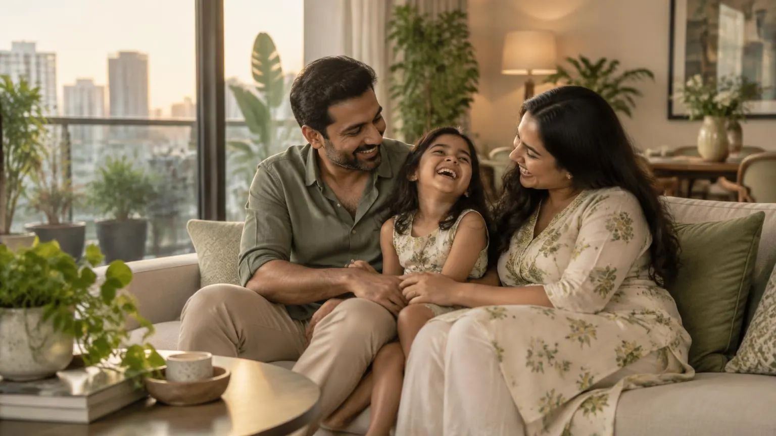 Illustration of an Indian family relaxing together in a modern apartment
