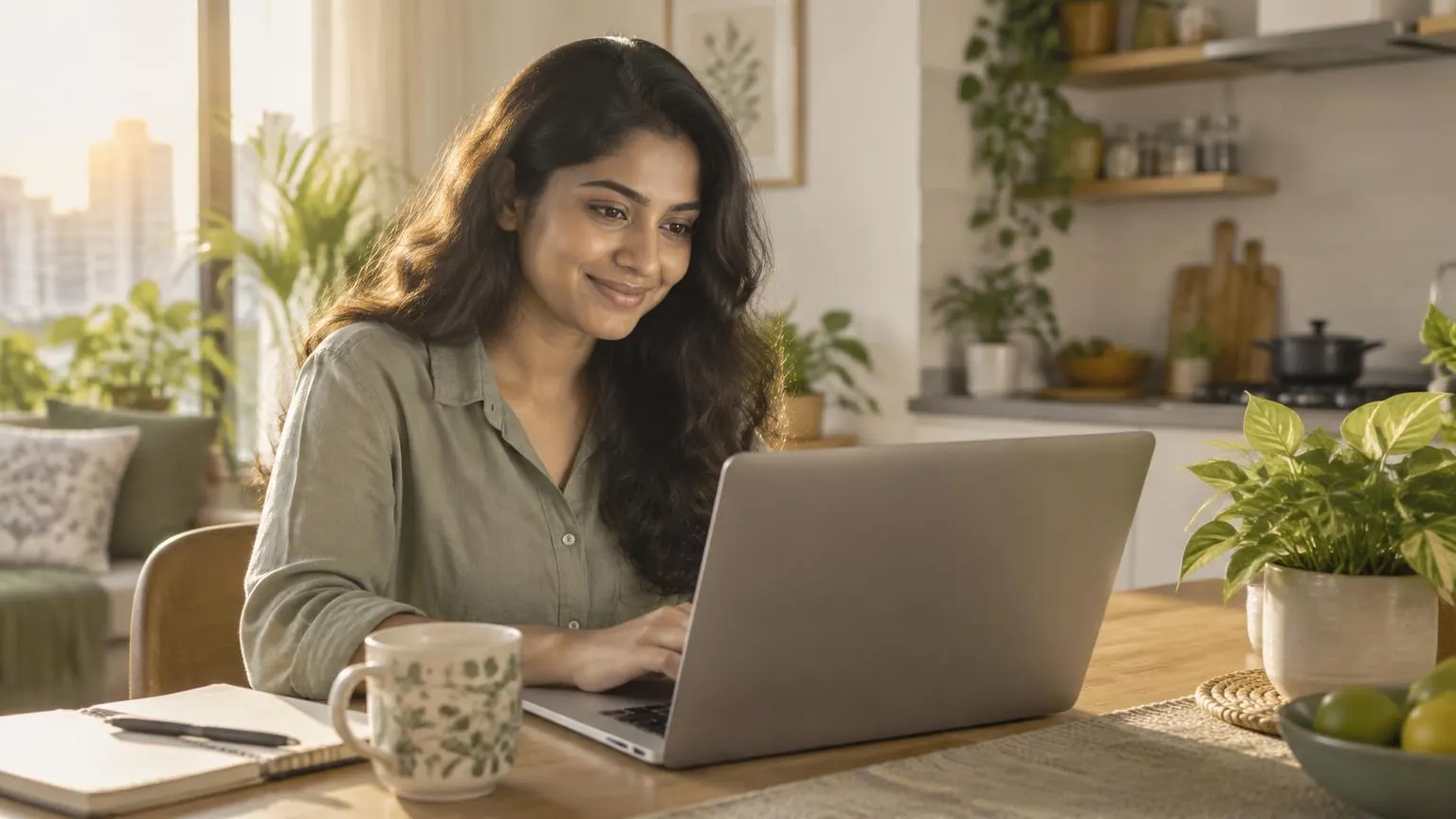 Illustration of a young professional using a laptop at home in the morning