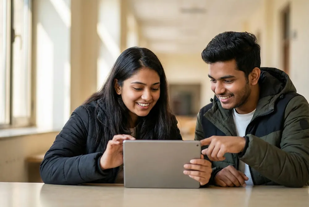 Young couple looking at a tablet together