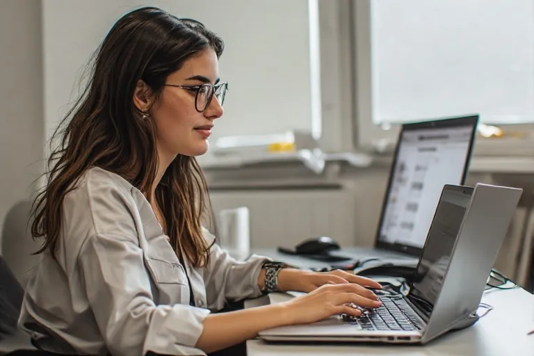 Woman working on a laptop at a desk
