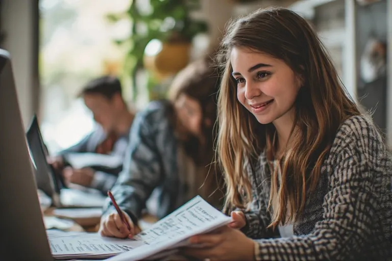 Young woman taking notes beside a laptop